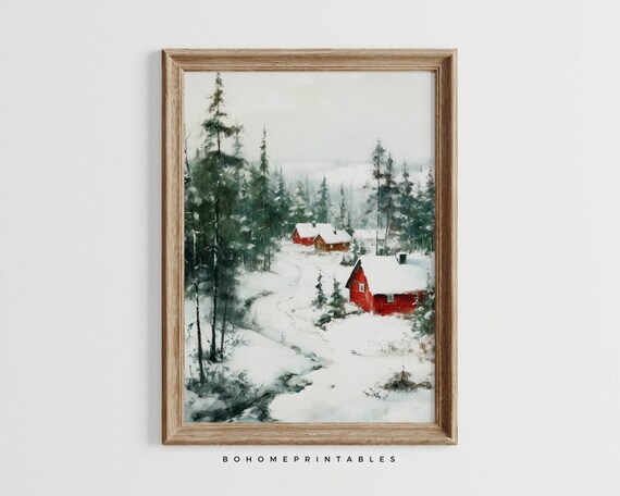 Red Cabins In Snowy Pine Forest Rustic Winter Landscape Poster