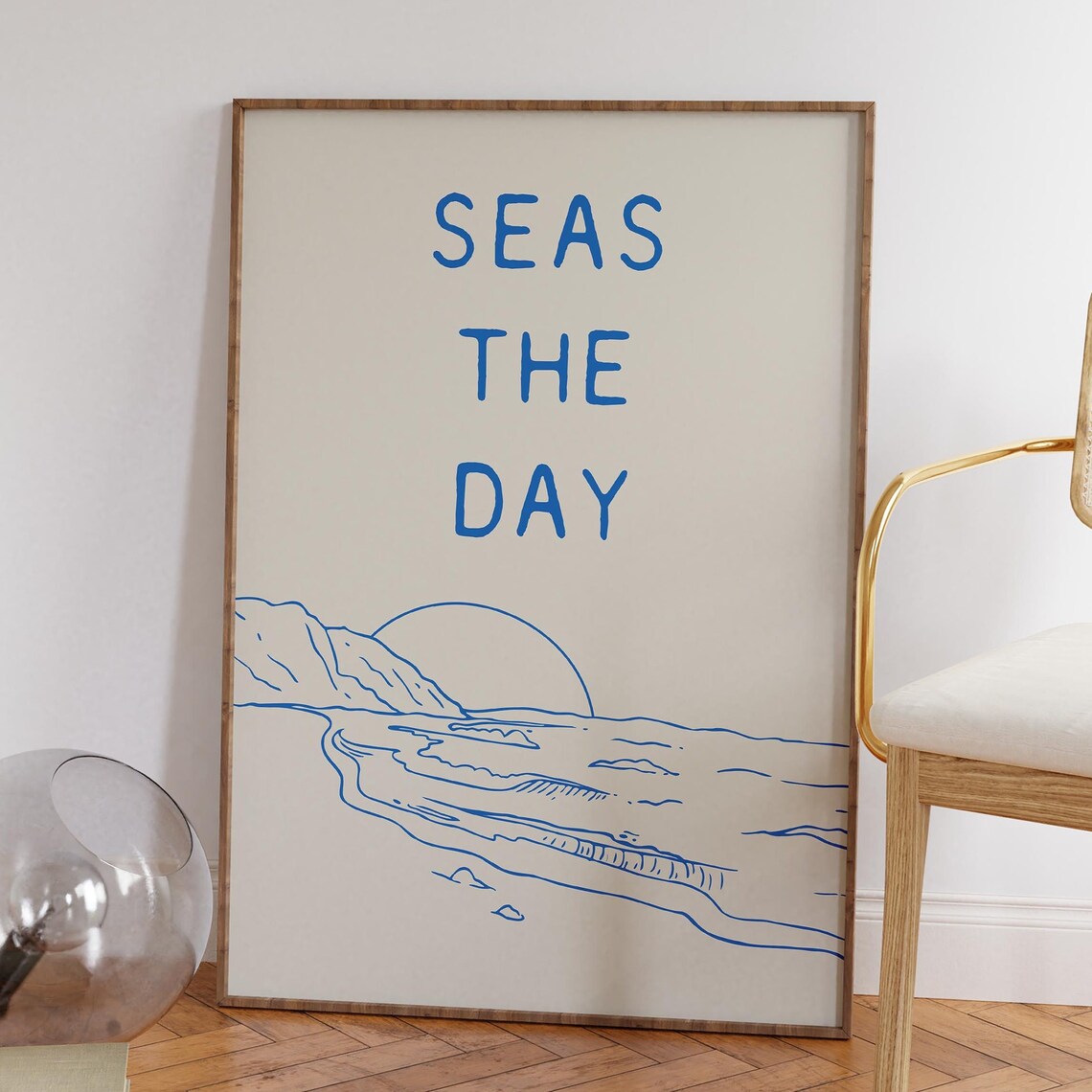 Seas The Day Blue Beach Sunset Line Drawing Home Decor Poster