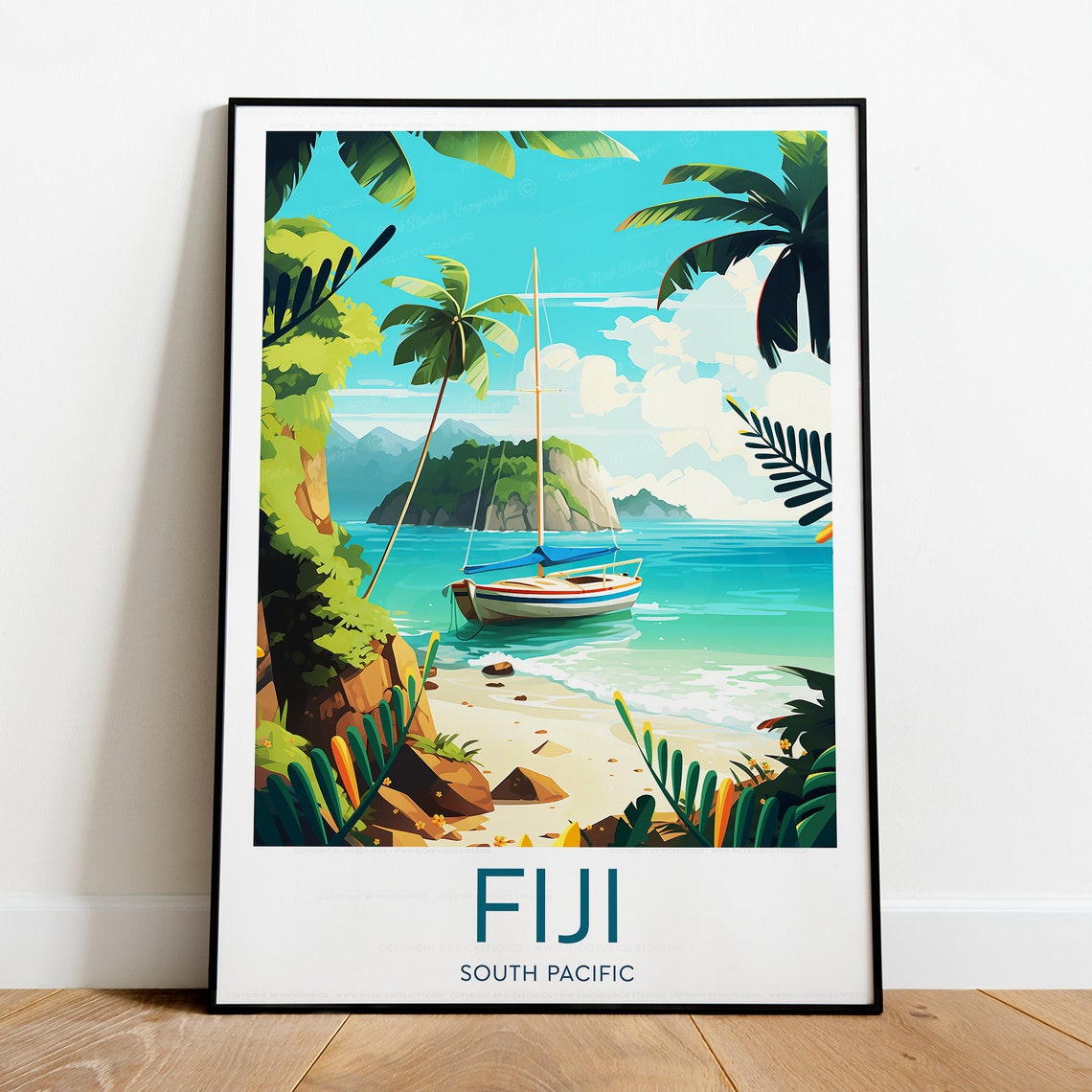 Fiji South Pacific Tropical Beach Sailboat Illustration Poster - Image 2
