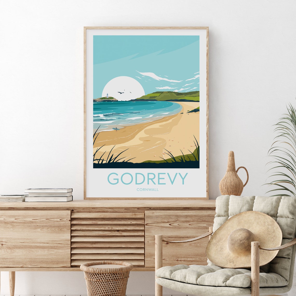 Golden Hour Godrevy Cornwall Lighthouse Beach Surf Scene Poster - Image 2
