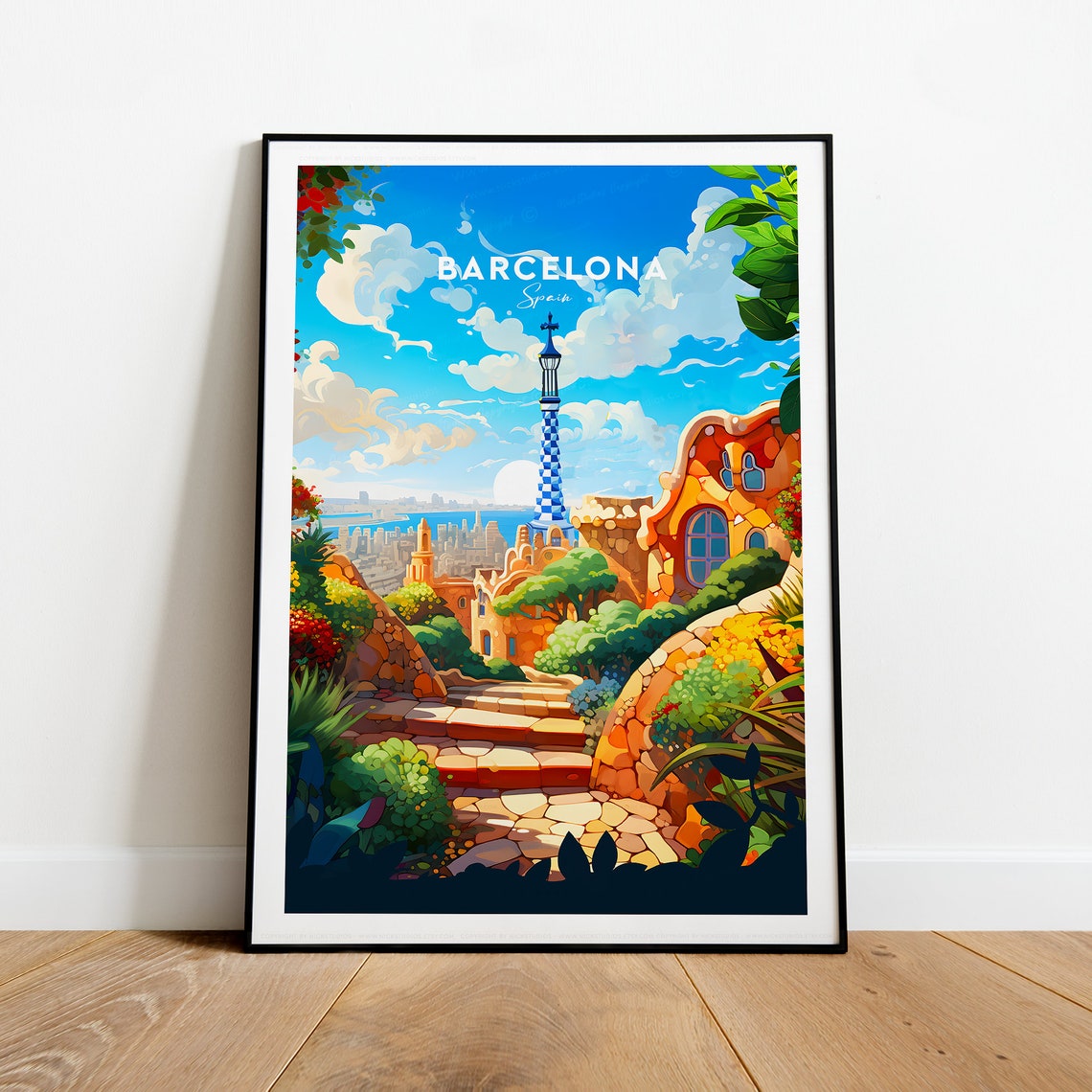 Barcelona Spain Park Guell Mosaic Terrace Gardens Travel Poster - Image 2