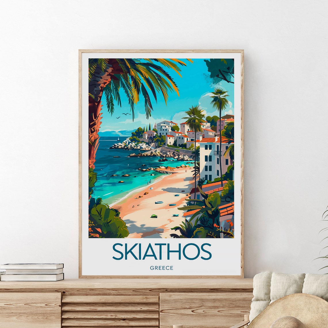 Skiathos Greece Island Beach Town Harbor Palm Trees Travel Poster