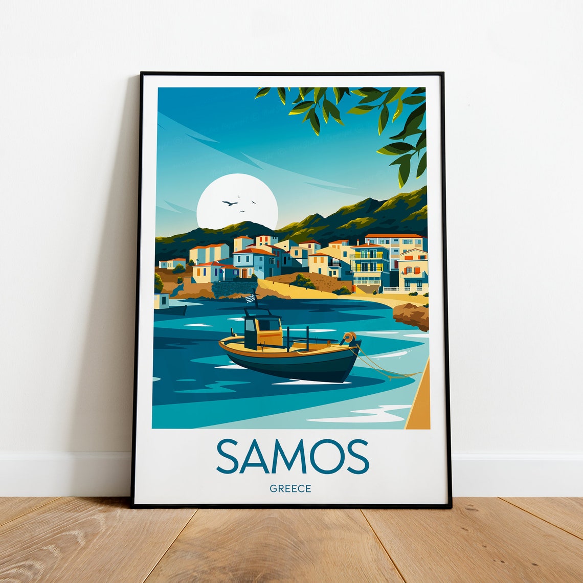 Samos Greece Fishing Boat Harbor Village Vintage Travel Poster - Image 2