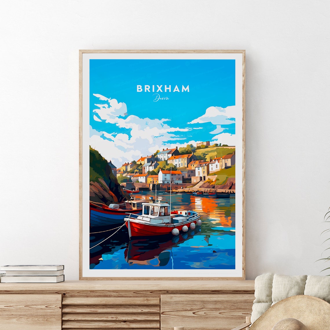 Brixham Devon Harbor Fishing Boats Colorful Waterfront Travel Poster