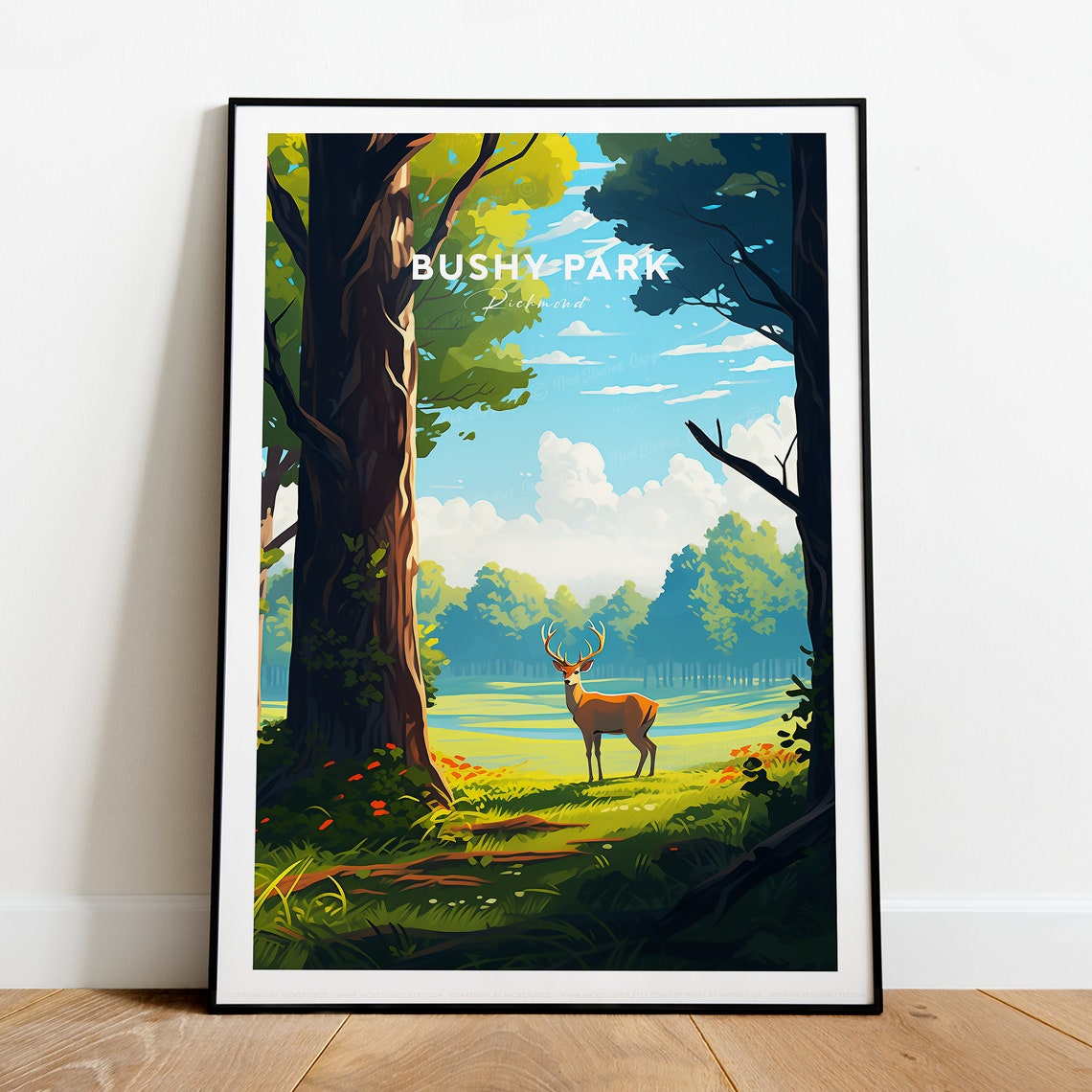 Bushy Park Richmond Stag in Sunlit Green Woodland Travel Poster - Image 2