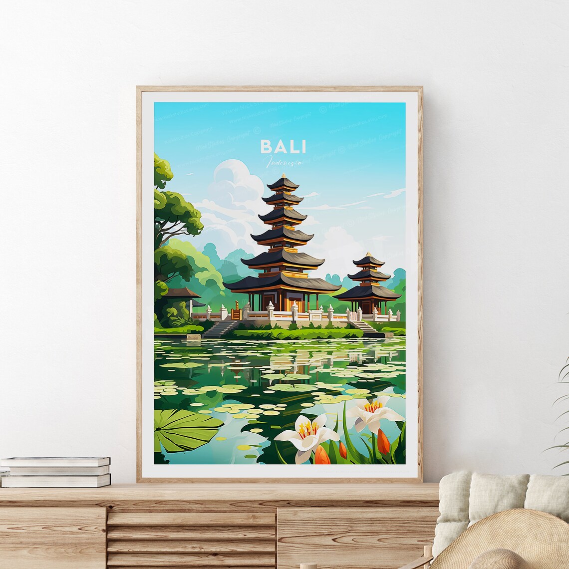 Bali Indonesia Serene Lake Temple Lotus Flowers Travel Poster - Image 2