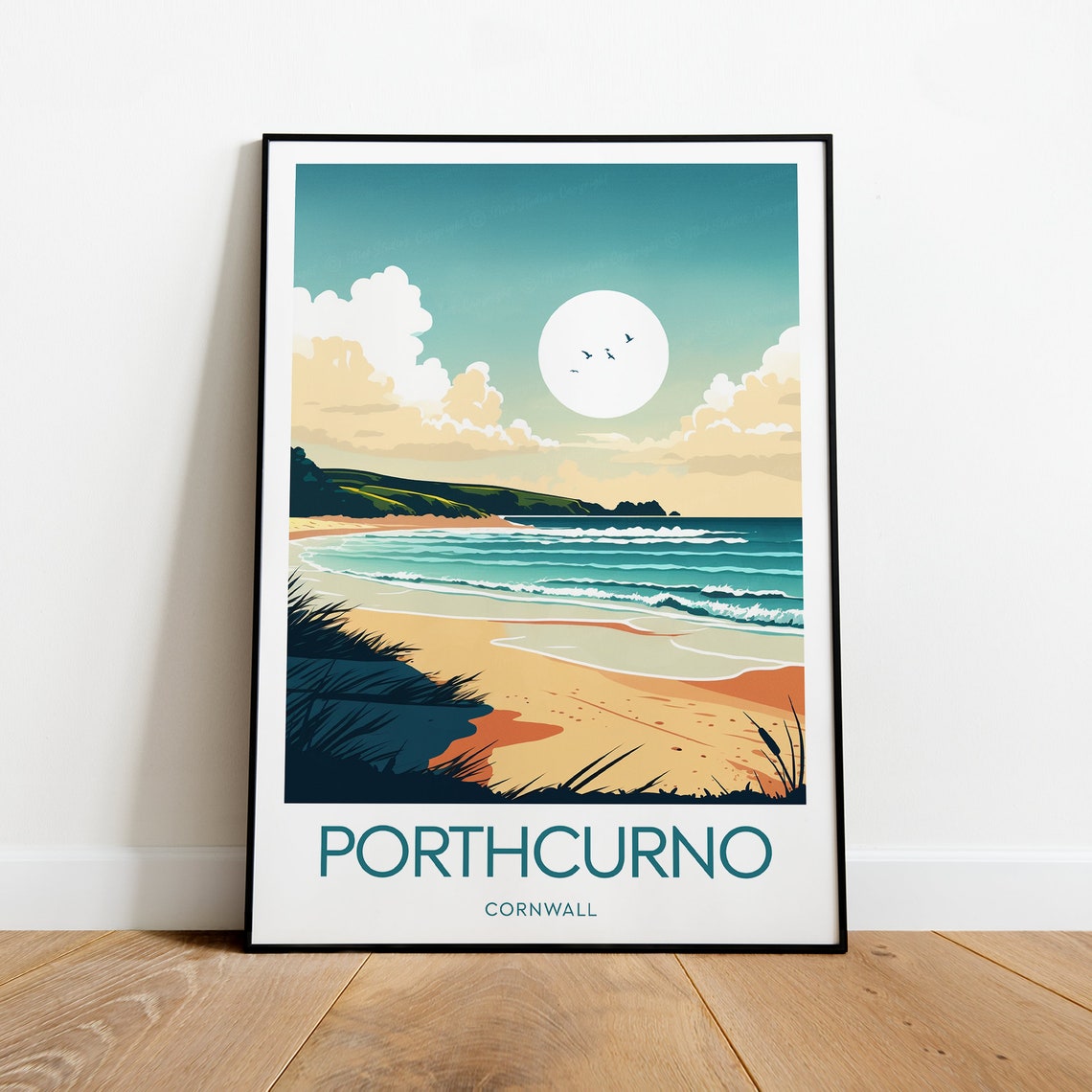 Porthcurno Cornwall Golden Shoreline Surf Seaside Travel Poster - Image 2