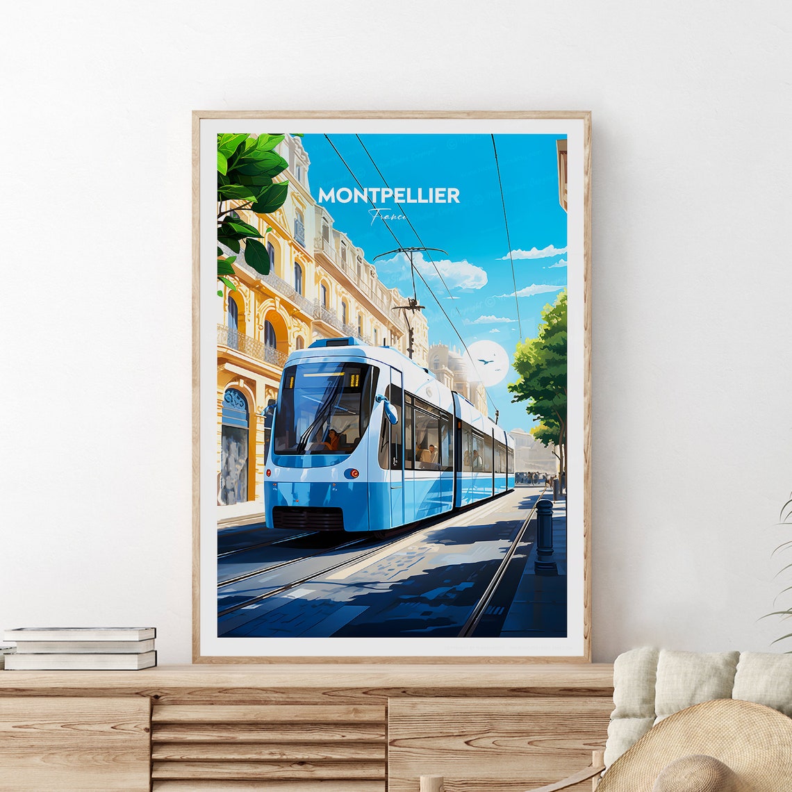 Montpellier France Blue Tram on a Sunny City Street Corner Poster