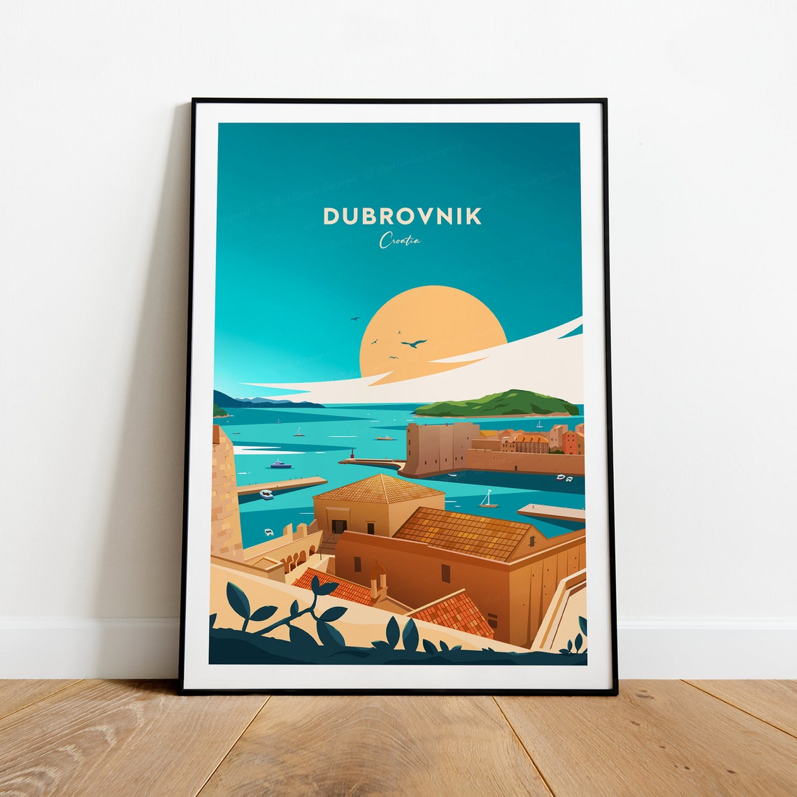 Dubrovnik Croatia Old Town Harbor Golden Sunset Travel Poster - Image 2