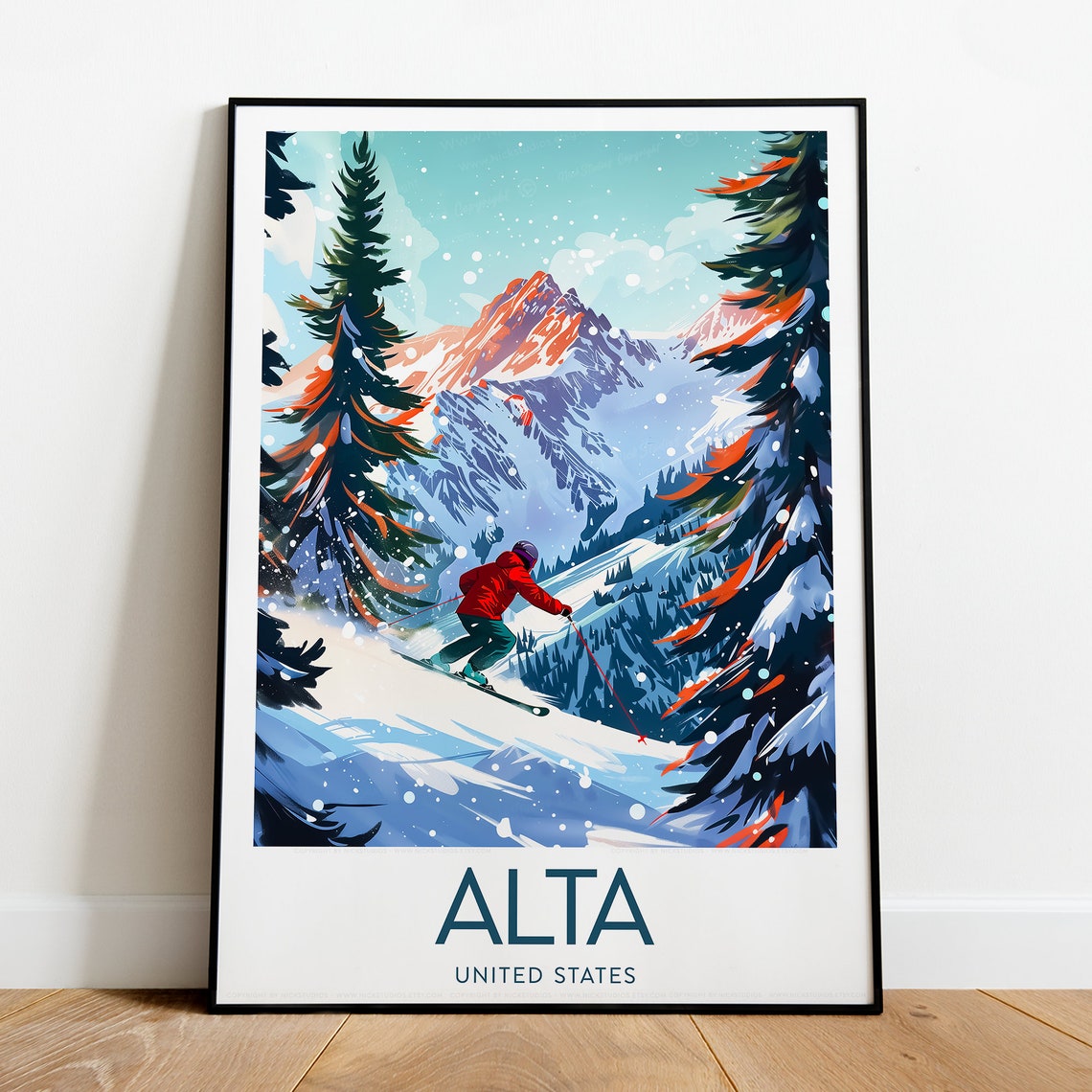 Alta United States Powder Skiing Under Peaks Vintage Travel Poster - Image 2