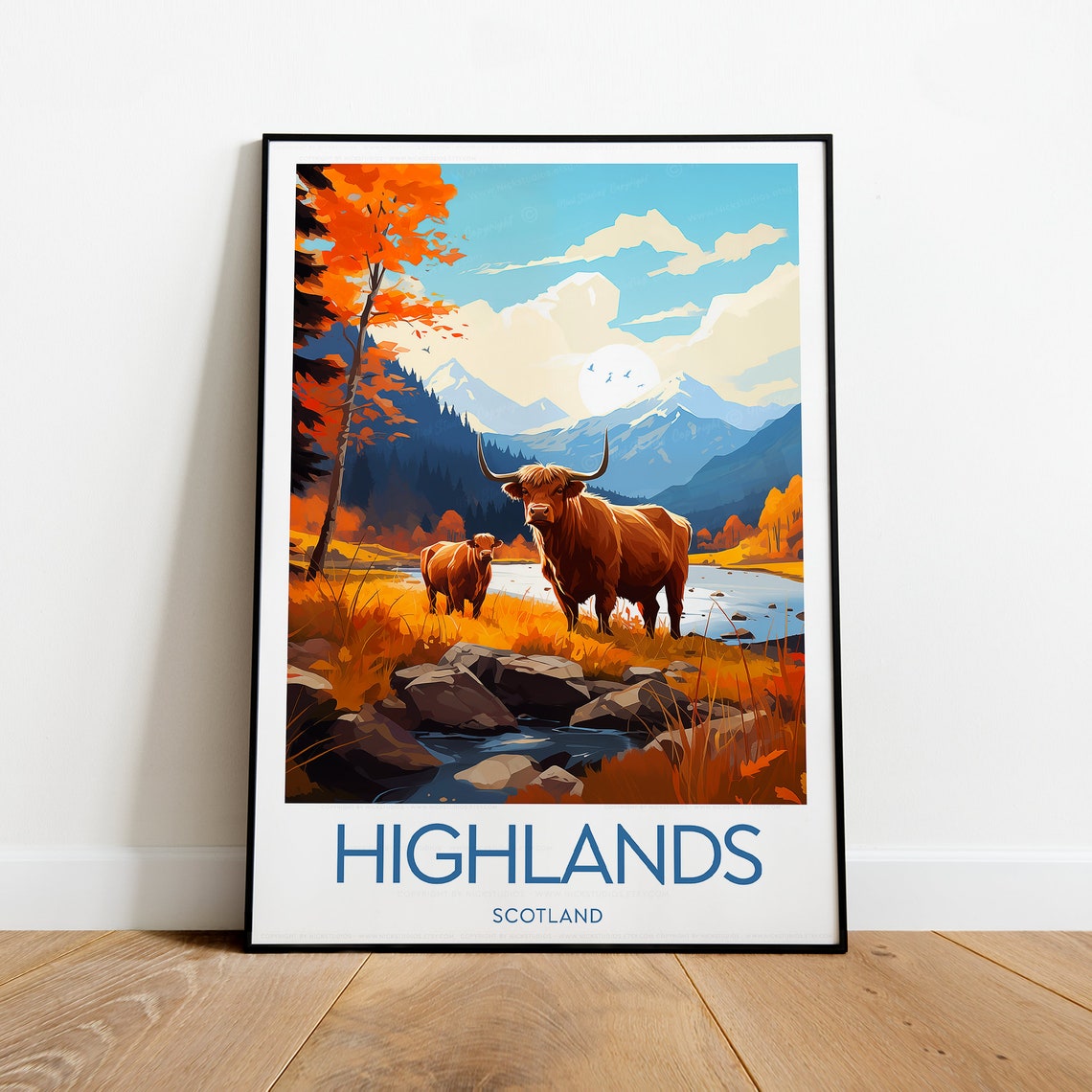 Scottish Highlands Autumn Highland Cows Mountain River Poster - Image 2