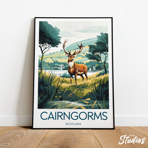 Cairngorms Scotland Stag Loch Mountain Vintage Travel Poster