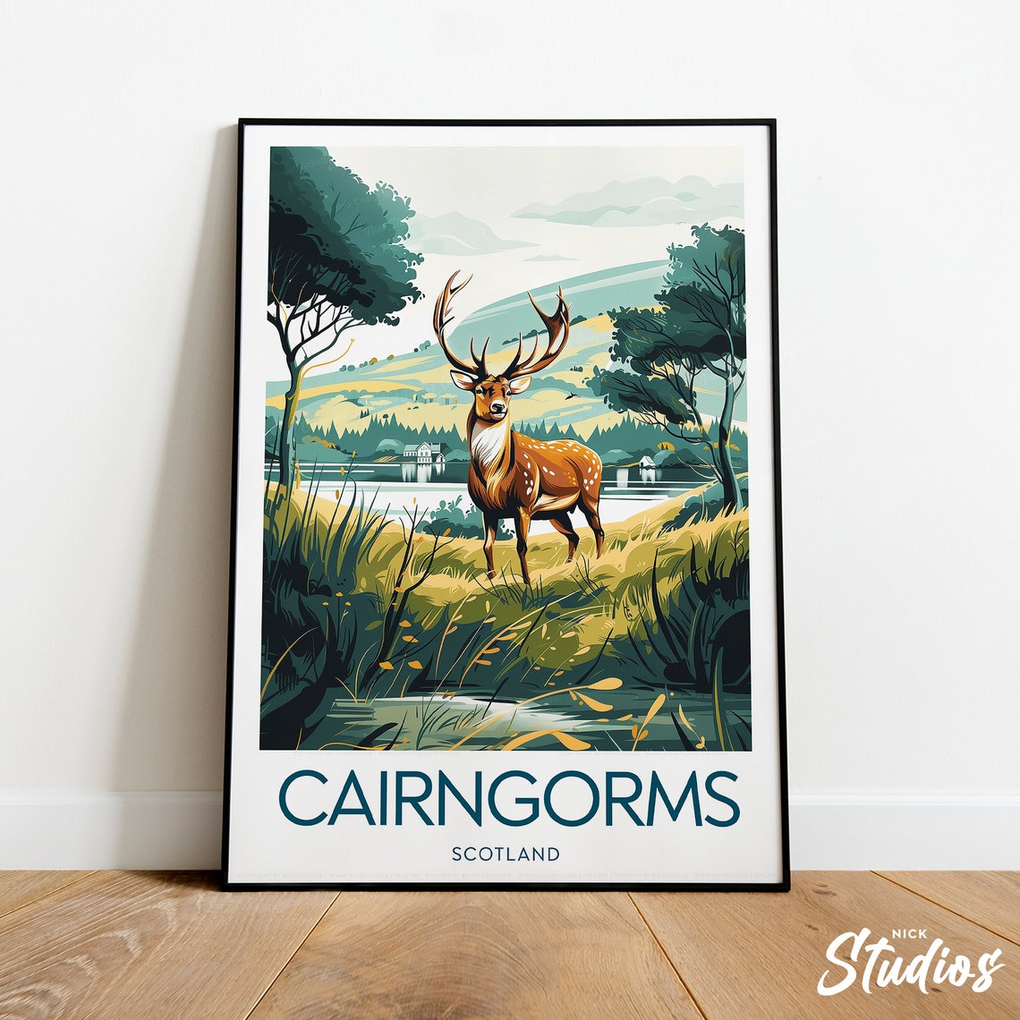 Cairngorms Scotland Stag Loch Mountain Vintage Travel Poster
