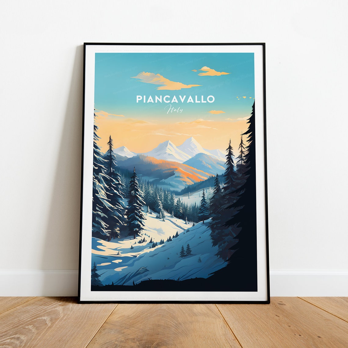 Piancavallo Italy Snowy Ski Mountain Valley Sunset Travel Poster
