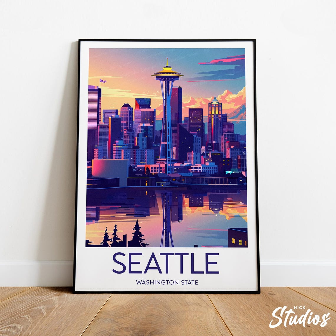 Seattle Space Needle Skyline Sunset Reflection Washington Poster