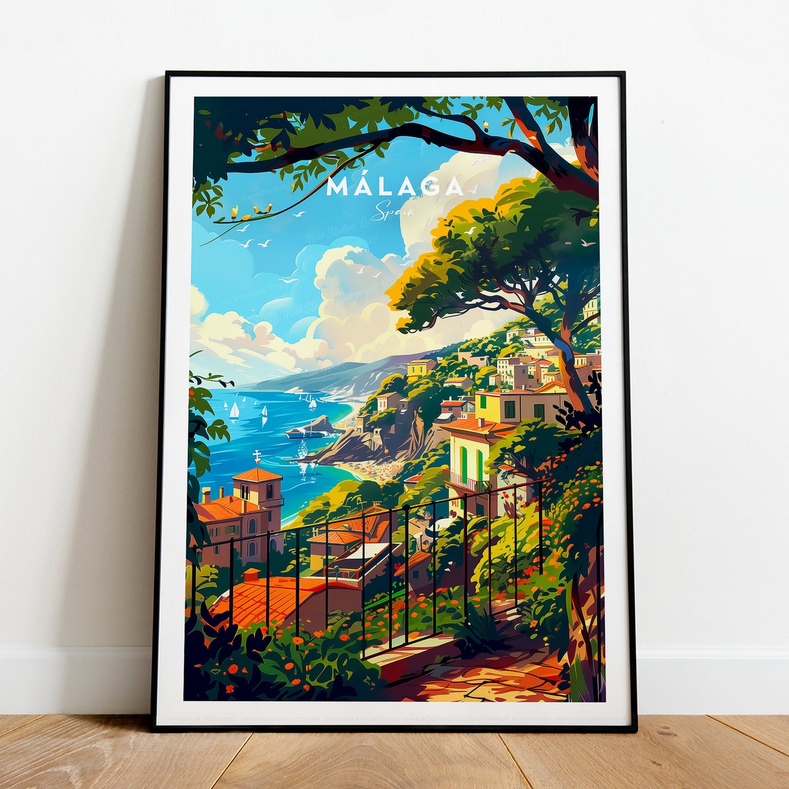 Malaga Spain Mediterranean Coast Terrace Sea View Travel Poster