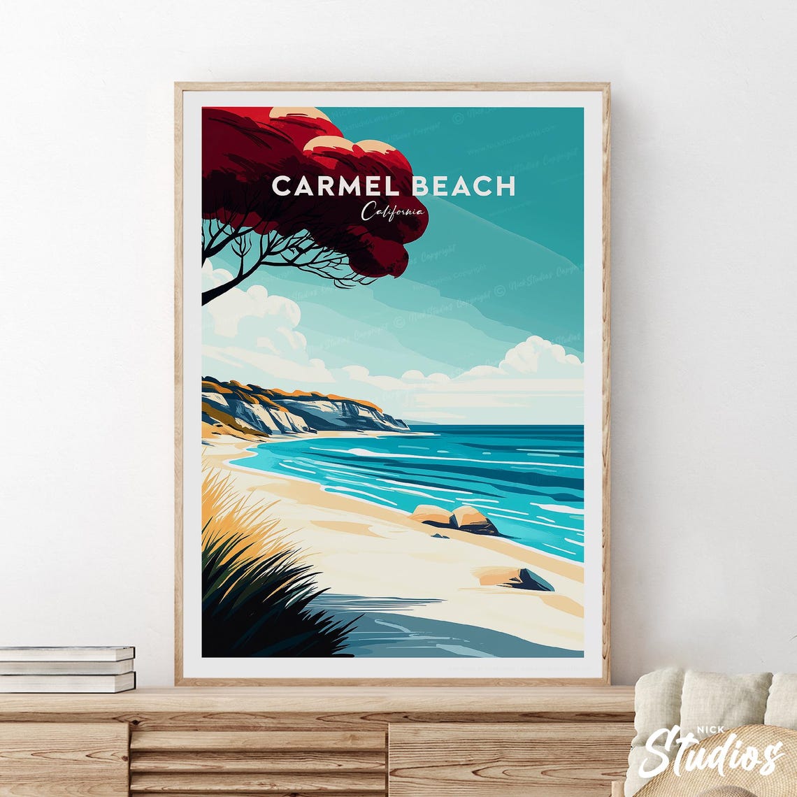 Carmel Beach California Turquoise Ocean Cliffs Shore Travel Poster