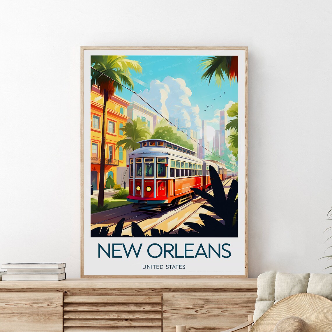 New Orleans Streetcar Red Trolley Palm City Scene Travel Poster