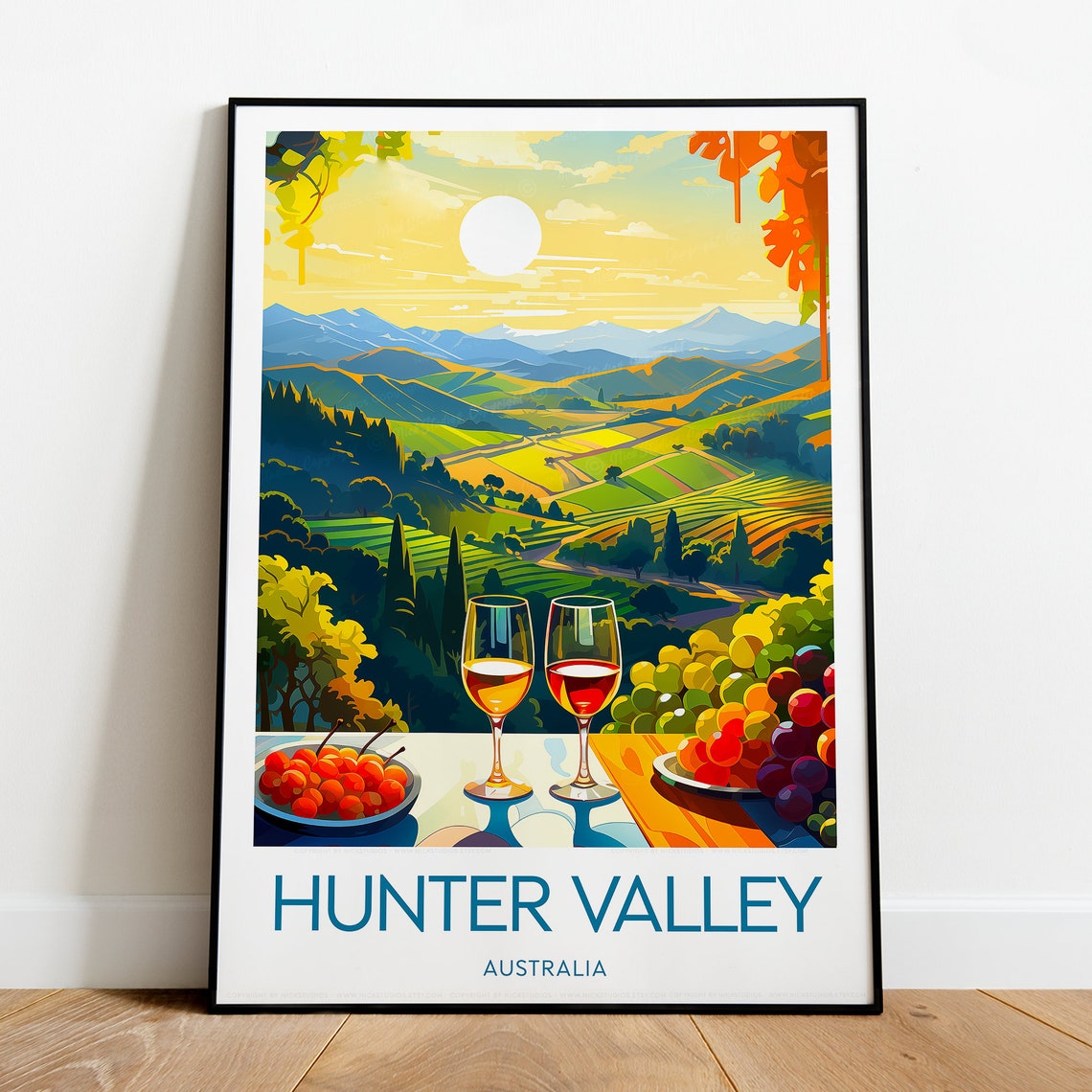 Hunter Valley Australia Vineyards Wine Glasses Sunset Travel Poster
