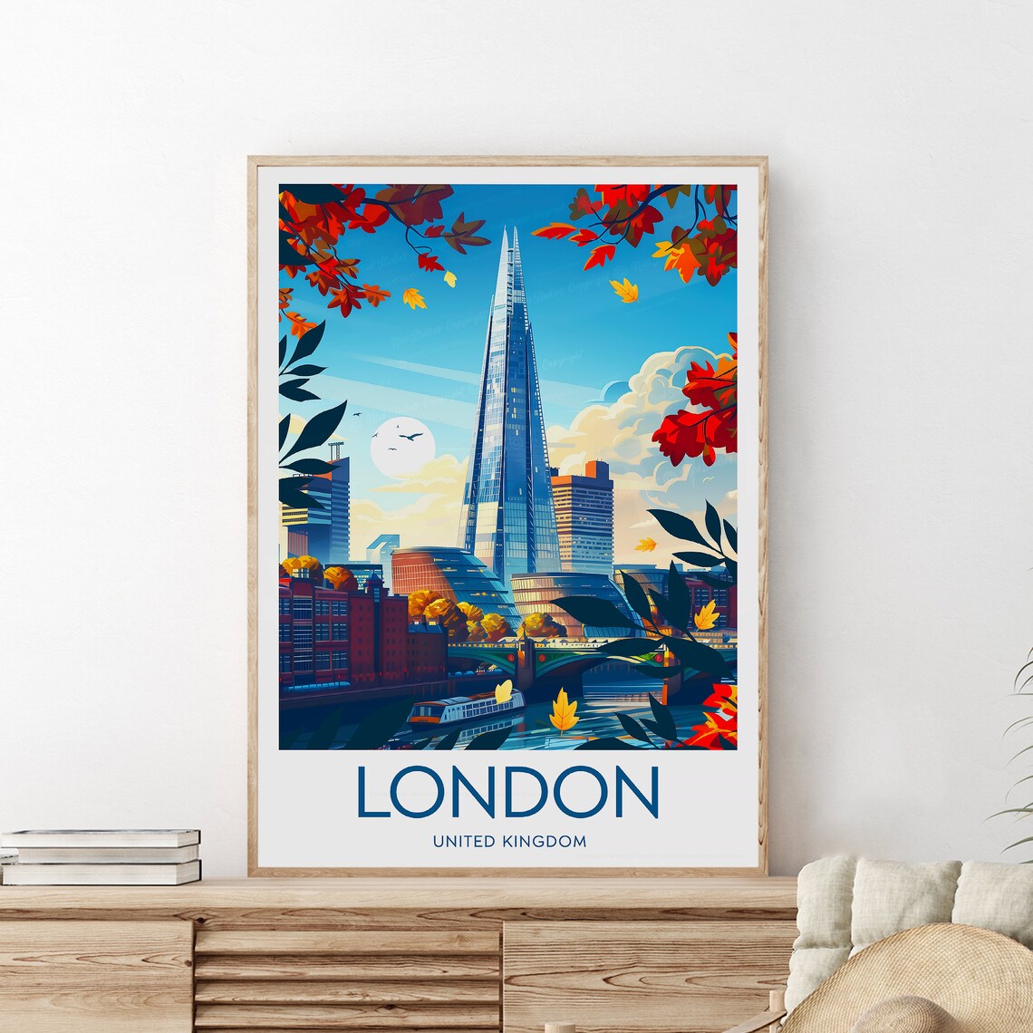 London United Kingdom Shard Skyline Autumn Leaves City Travel Poster