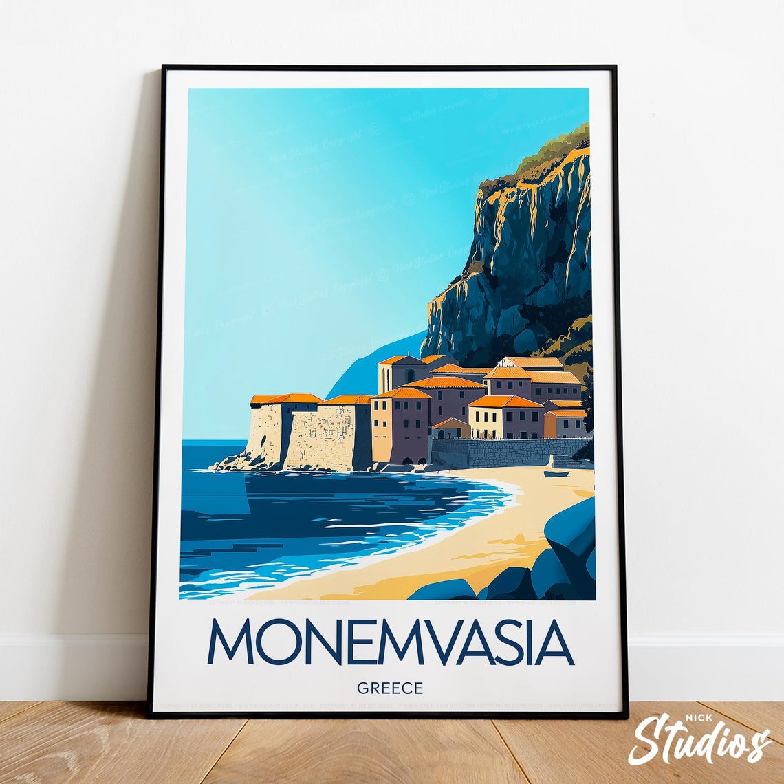 Monemvasia Greece Coastal Castle Vintage Mediterranean Travel Poster