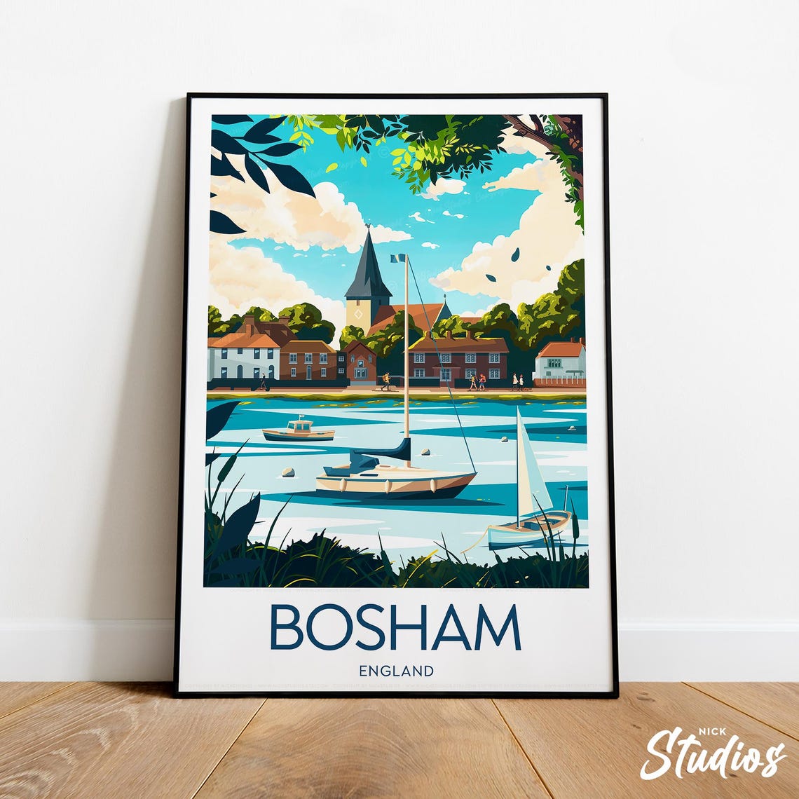 Bosham England Modern Travel Poster Harbor Boats Village Church