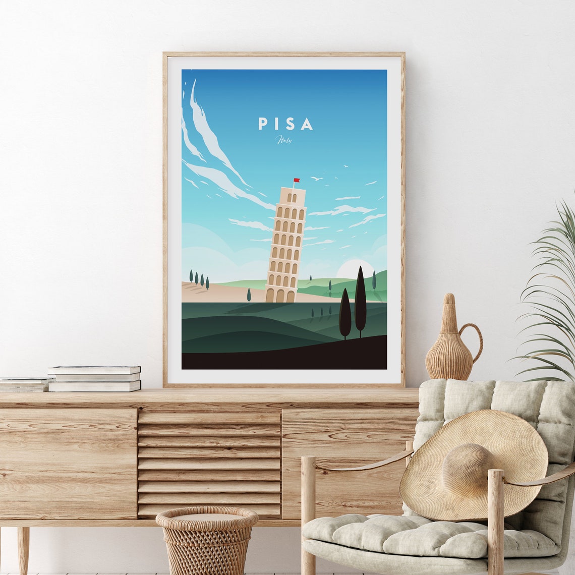 Pisa Italy Leaning Tower Cypress Tuscany Vintage Travel Poster