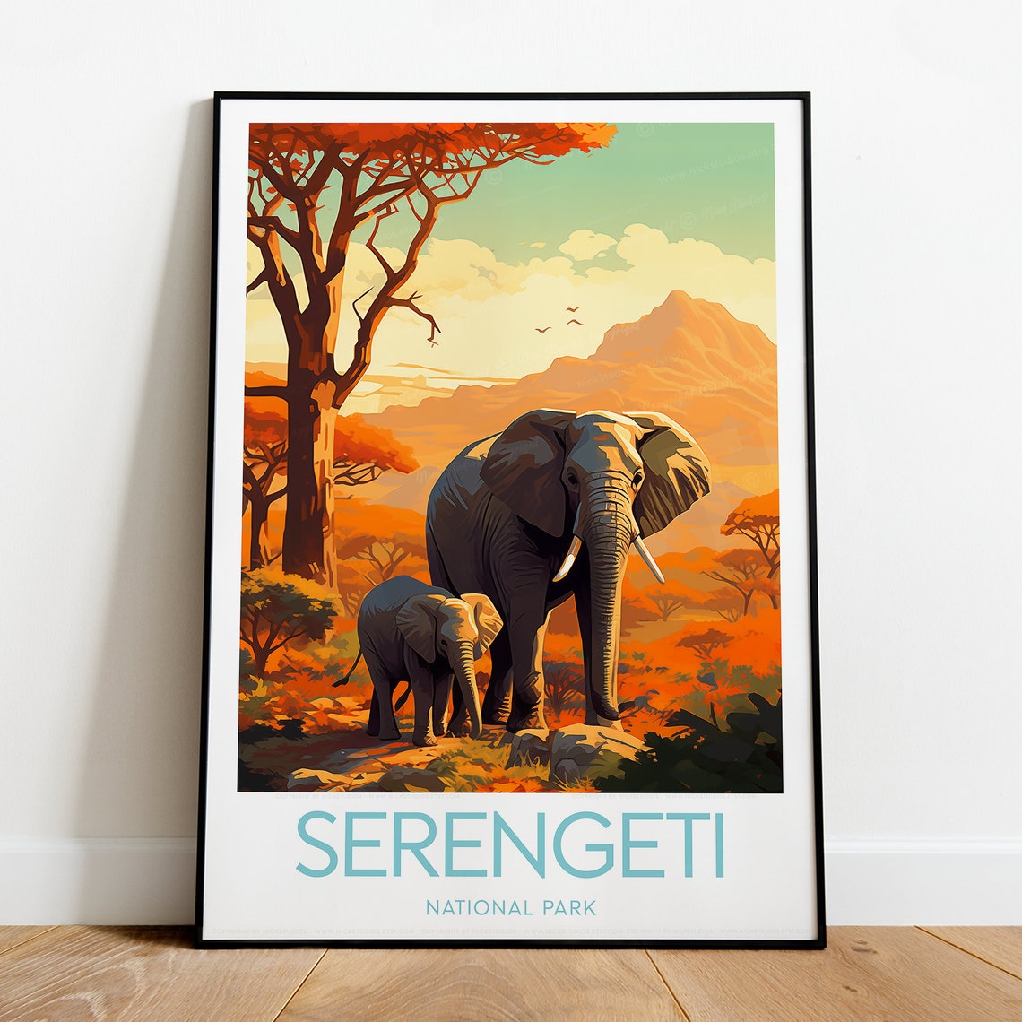 Serengeti National Park Elephants Acacia Tree Safari Travel Poster - Image 2
