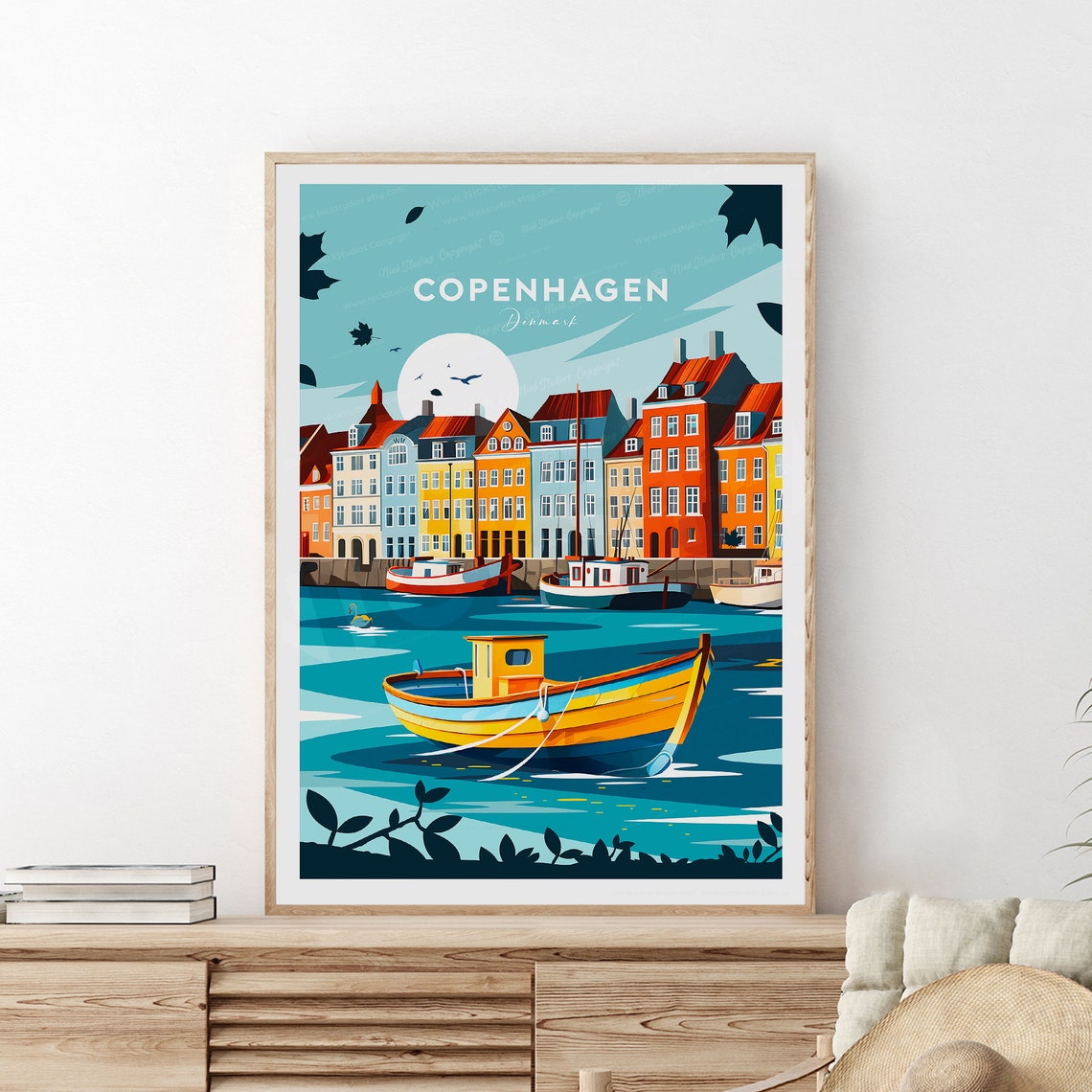 Copenhagen Denmark Nyhavn Colorful Harbor Boats Travel Poster