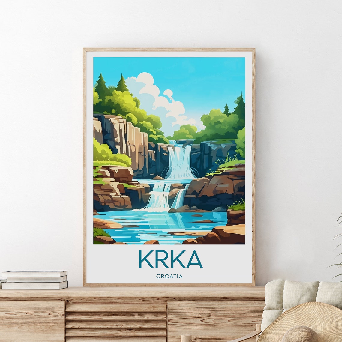 Krka Croatia Waterfall Turquoise Pools Cliffs Travel Poster Nature
