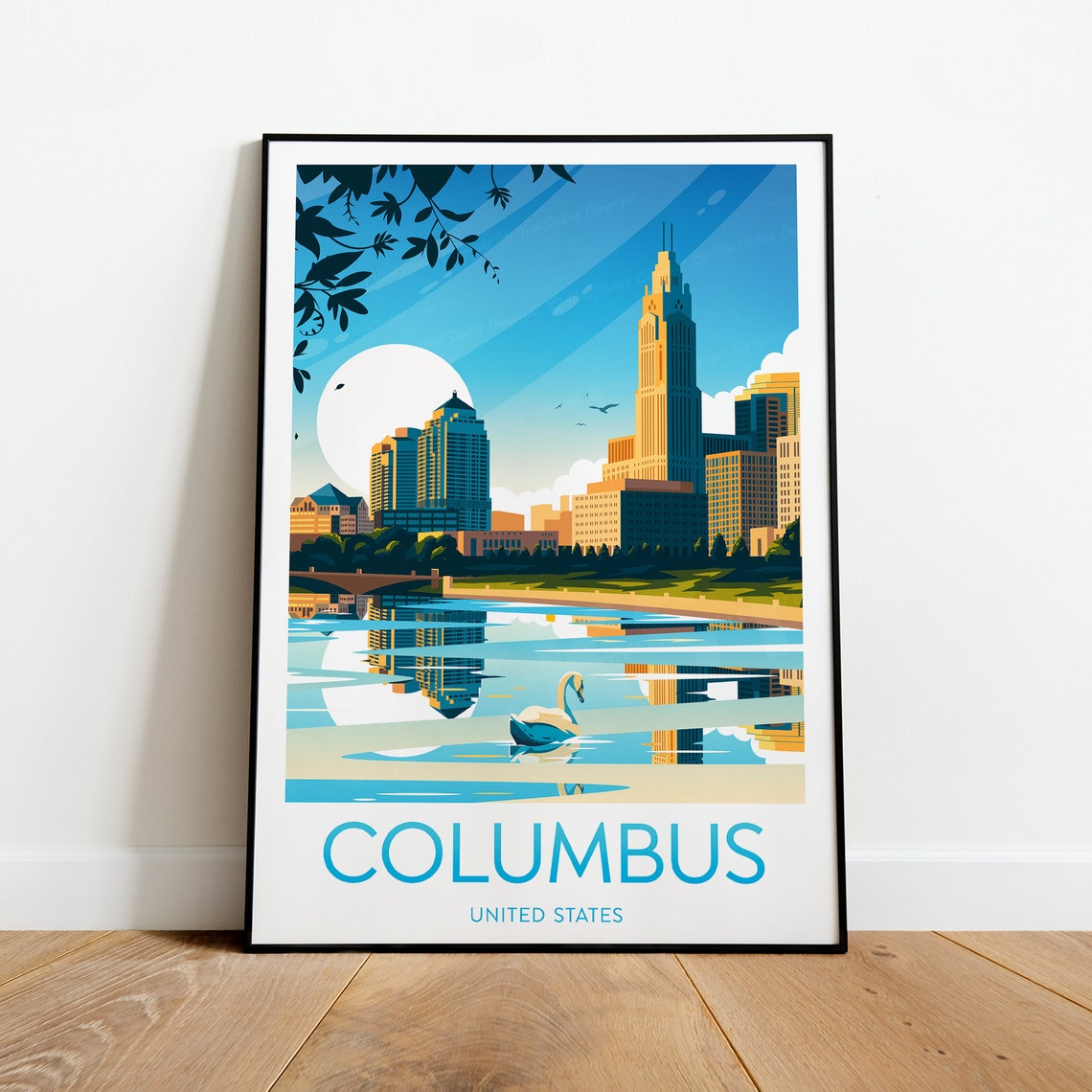 Columbus Ohio Downtown Skyline River Swan Sunset City Poster