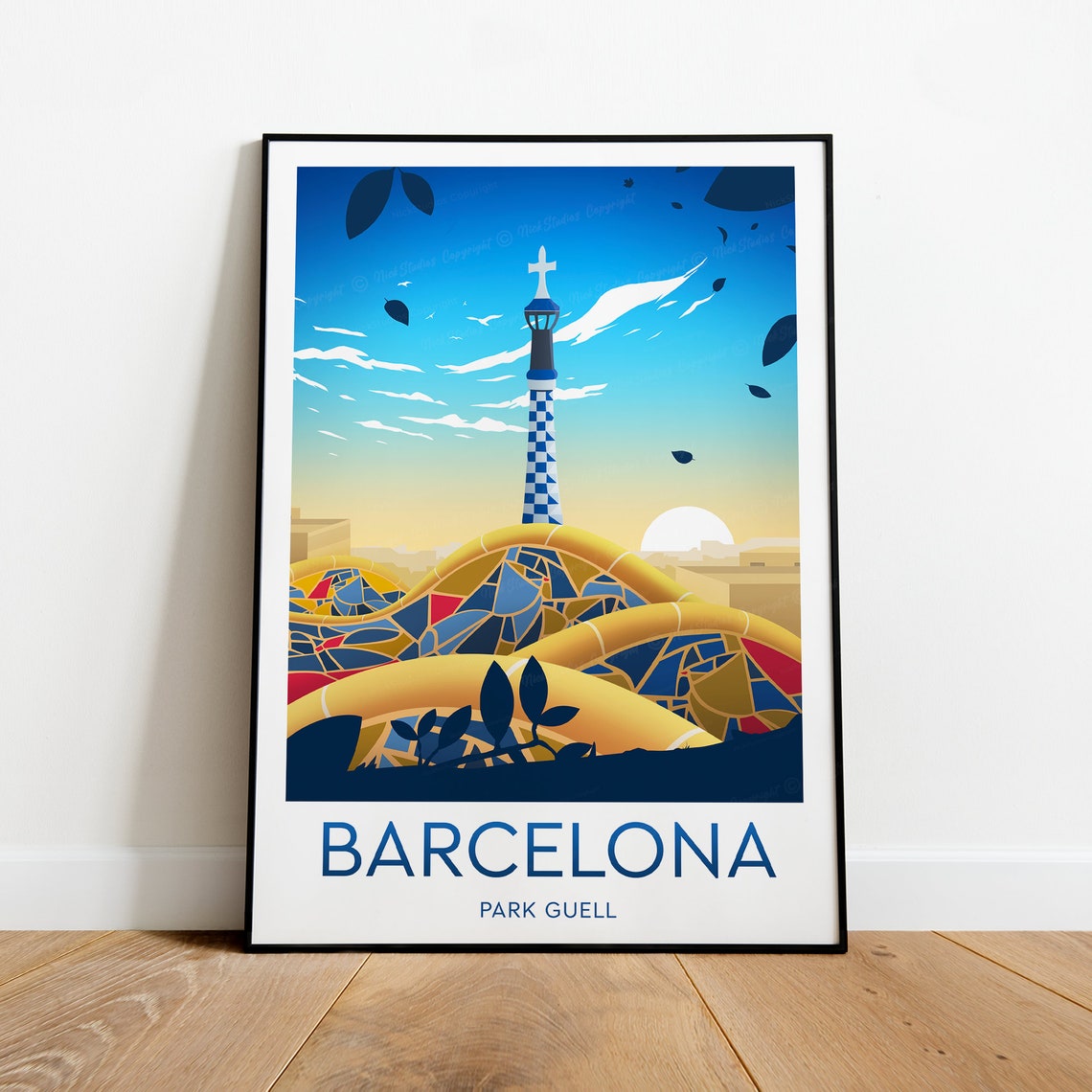 Barcelona Park Guell Gaudi Mosaic Sunrise Tower Art Scene Poster - Image 2