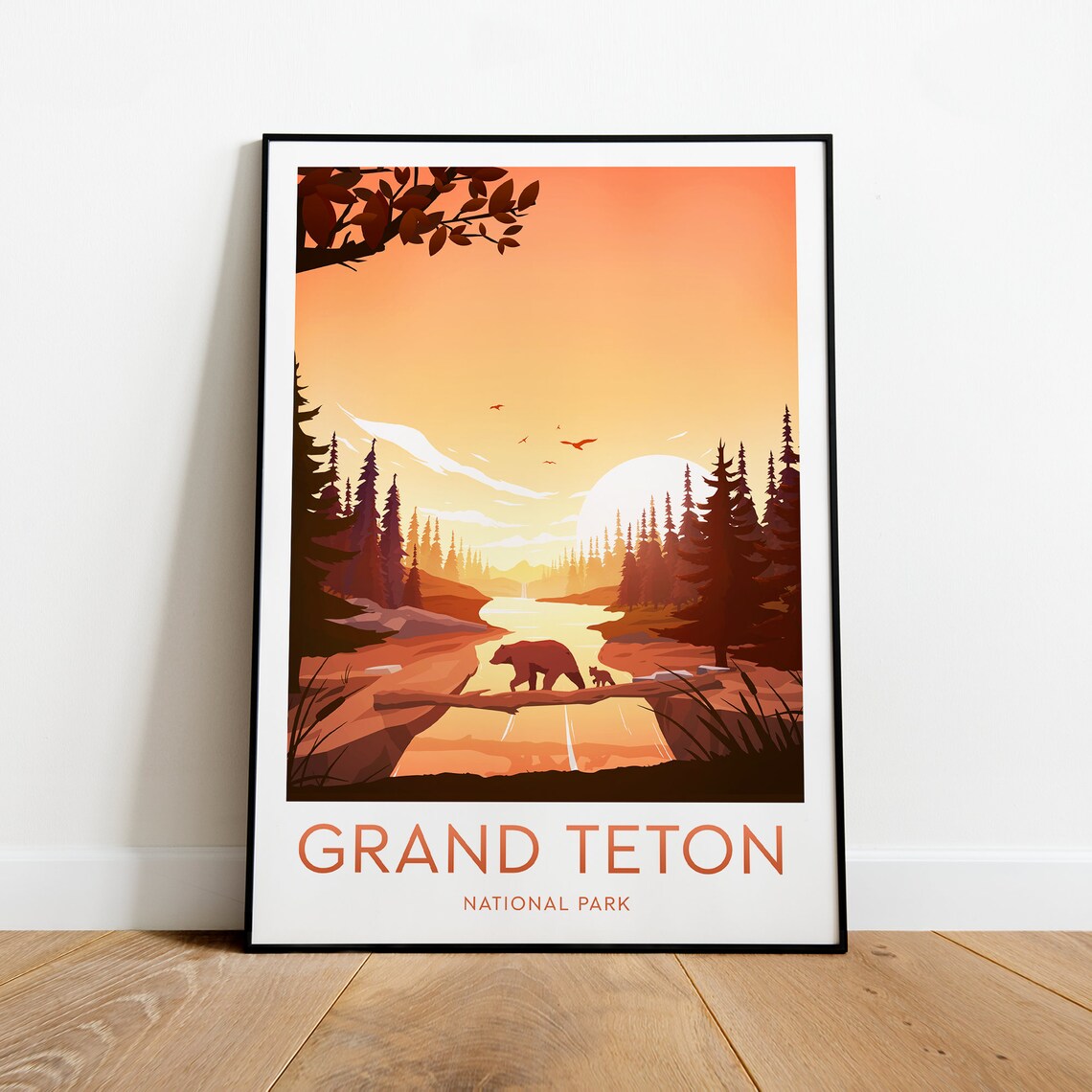 Grand Teton Sunset Bear and Cub Crossing the River National Park Poster - Image 2