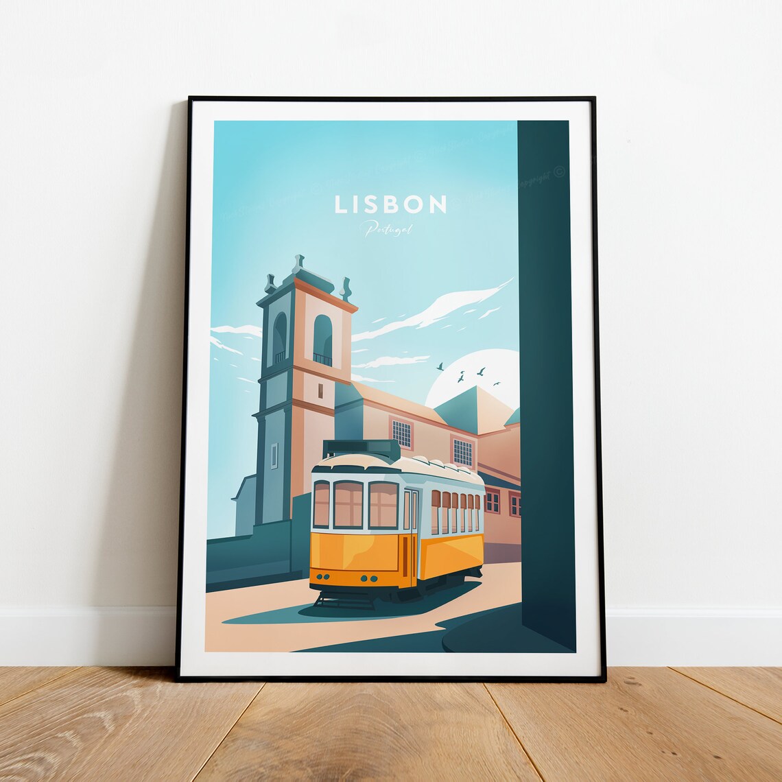 Lisbon Portugal Yellow Tram Historic Bell Tower Street Travel Poster - Image 2