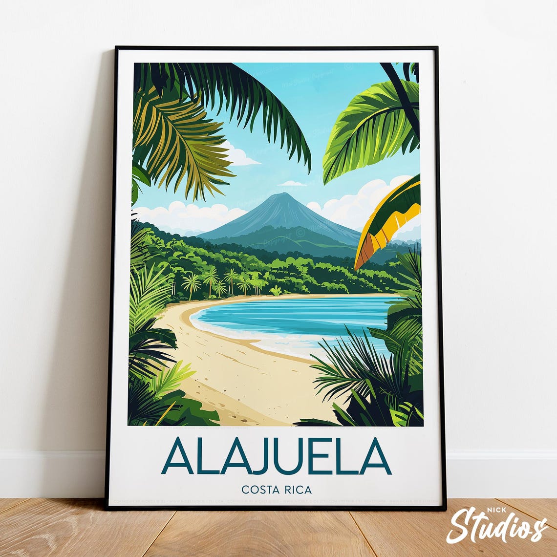 Alajuela Costa Rica Tropical Beach Volcano Palm Trees Travel Poster