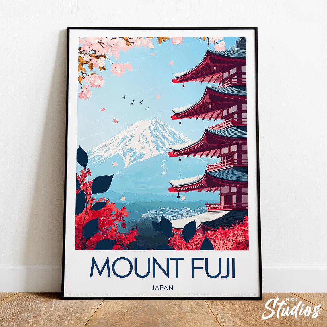 Mount Fuji Cherry Blossom Pagoda Spring Japan Vintage Travel Poster
