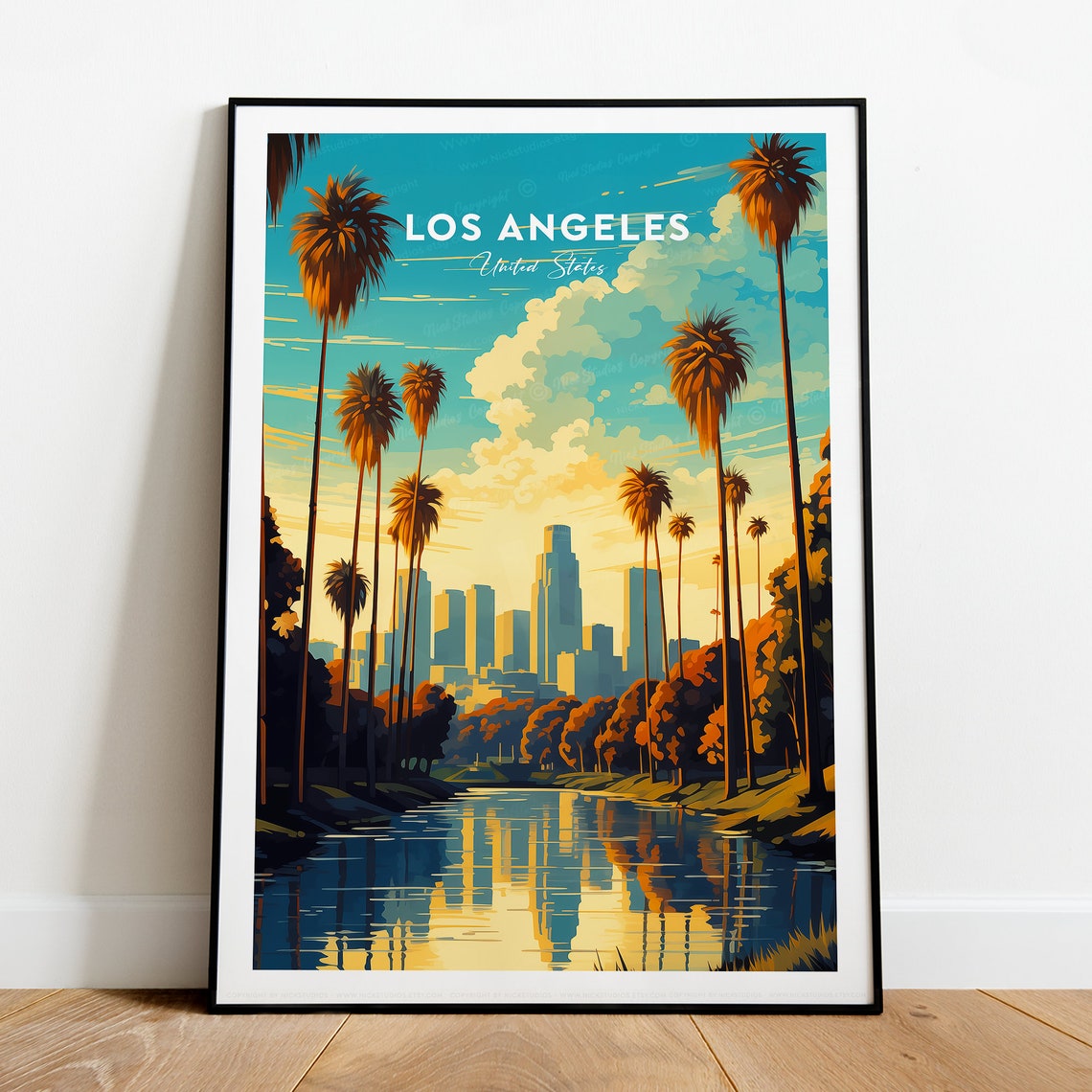 Los Angeles California Palm Tree Skyline Reflection Lake Poster