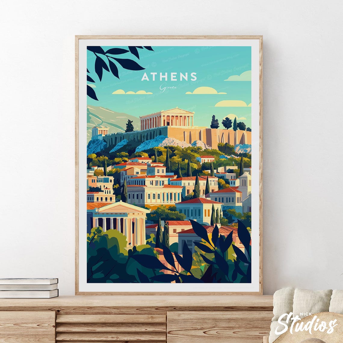 Athens Greece Ancient Citadel Ruins Over Rooftops Travel Art Poster