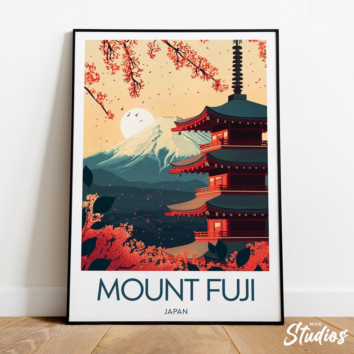Mount Fuji Chureito Pagoda Autumn Moon Vintage Japan Travel Poster