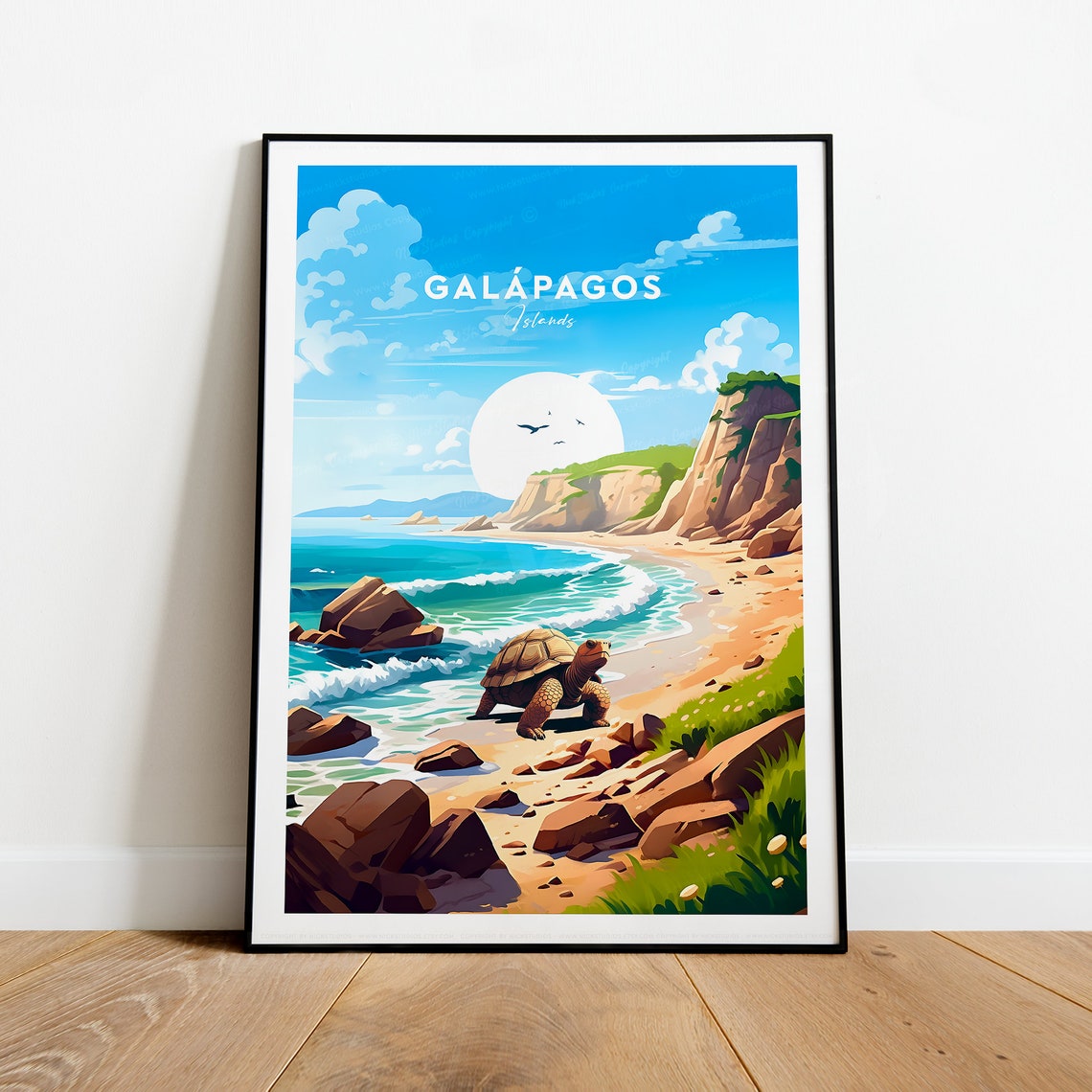 Galapagos Islands Giant Tortoise Beach Cliffs Wildlife Travel Poster