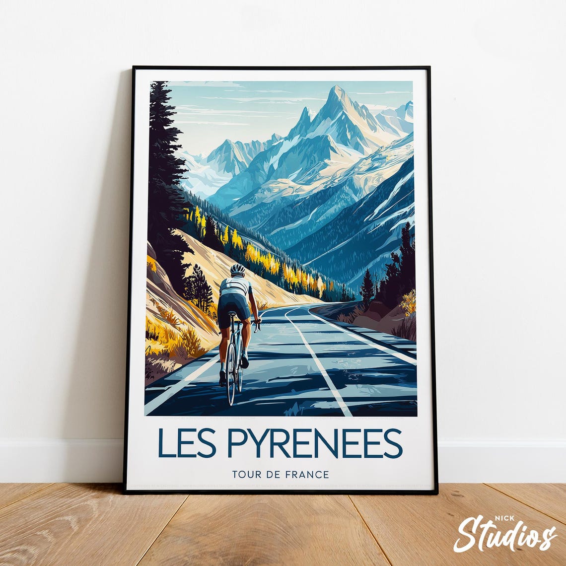 Les Pyrenees Tour de France Poster Cyclist Mountain Road Climb