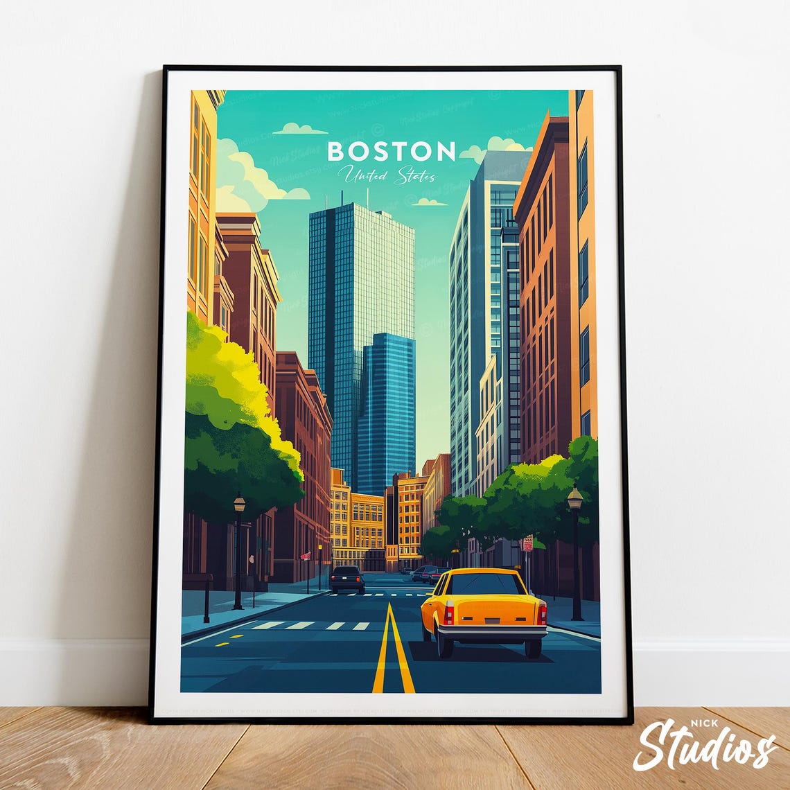 Boston Skyline Yellow Taxi Street Scene Vintage Travel Print