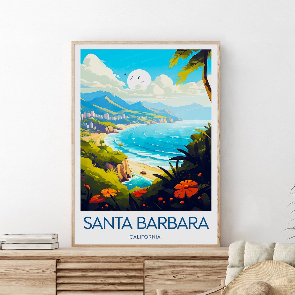 Santa Barbara California Beach Cove Orange Flowers Travel Poster - Image 2