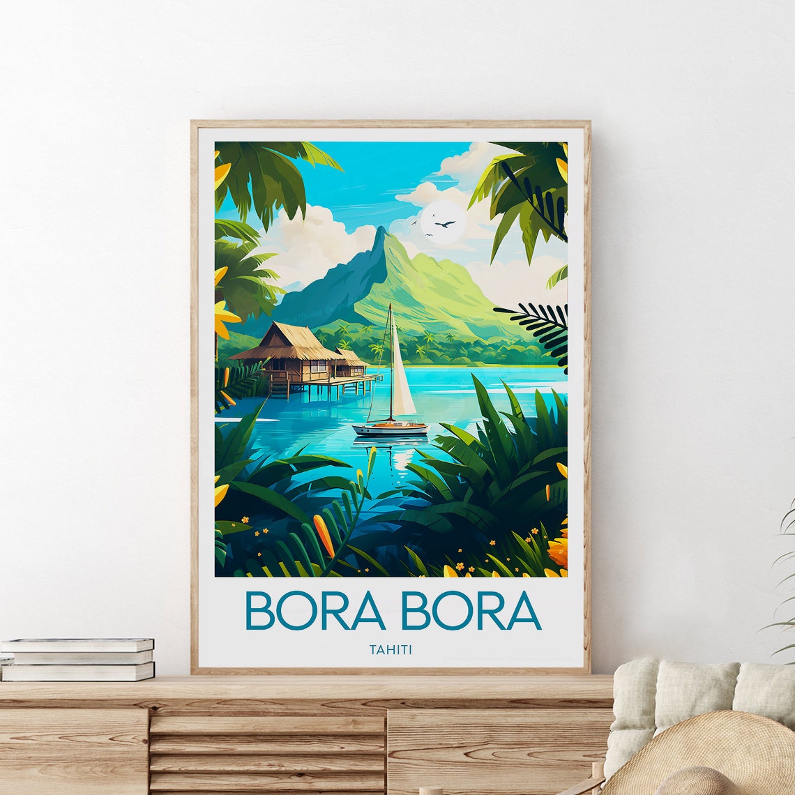 Bora Bora Tahiti Overwater Bungalow Lagoon And Sailboat Poster
