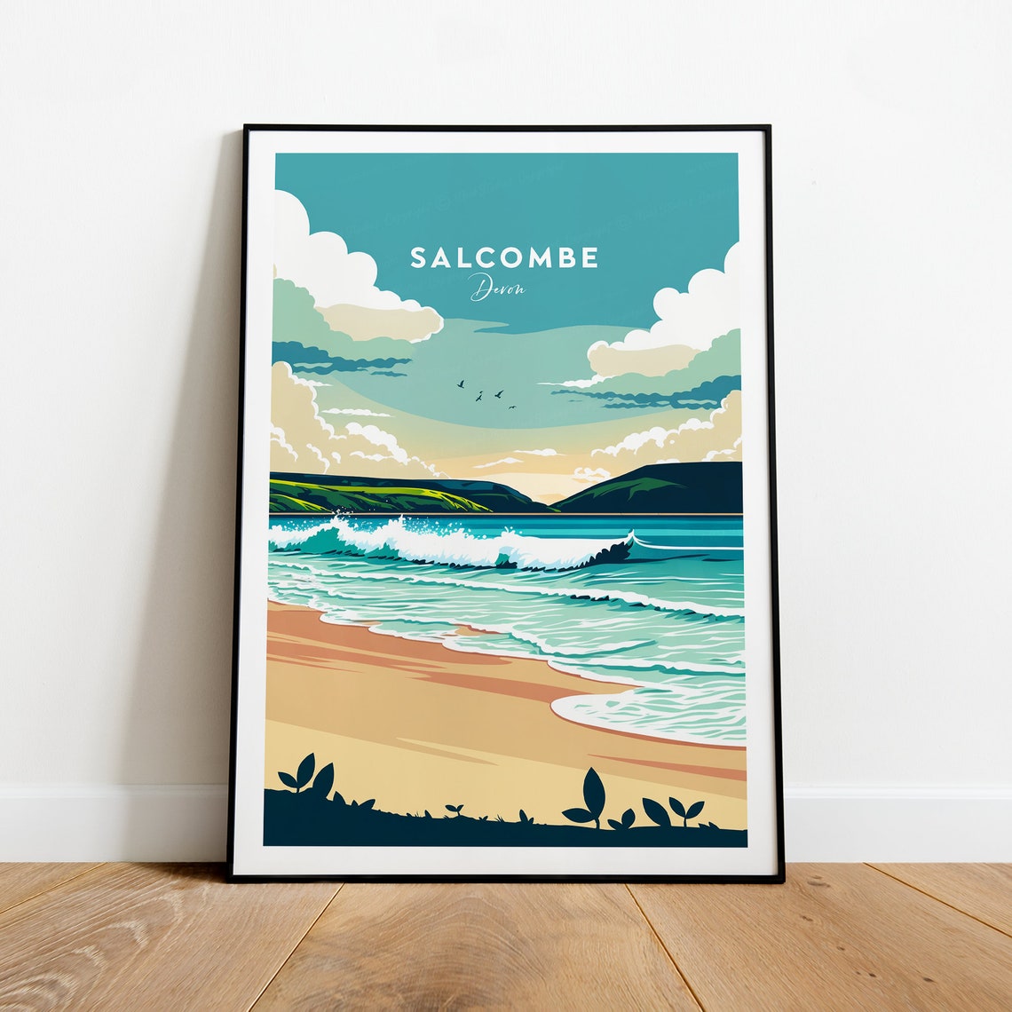 Salcombe Devon Beach Surf Waves Golden Coastal Retro Travel Poster