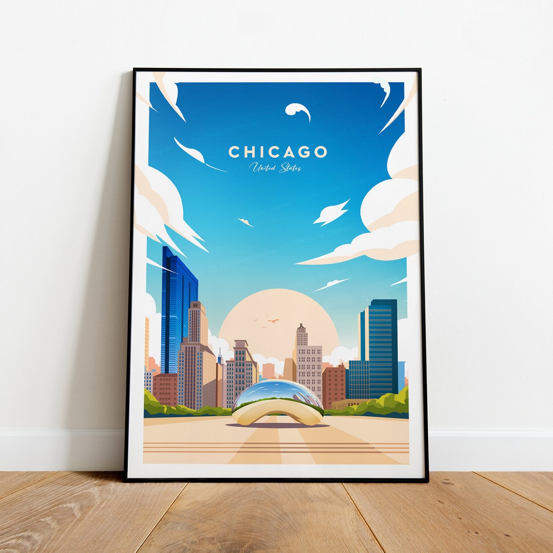 Chicago Skyline Travel Poster with Cloud Gate Sculpture, USA Art