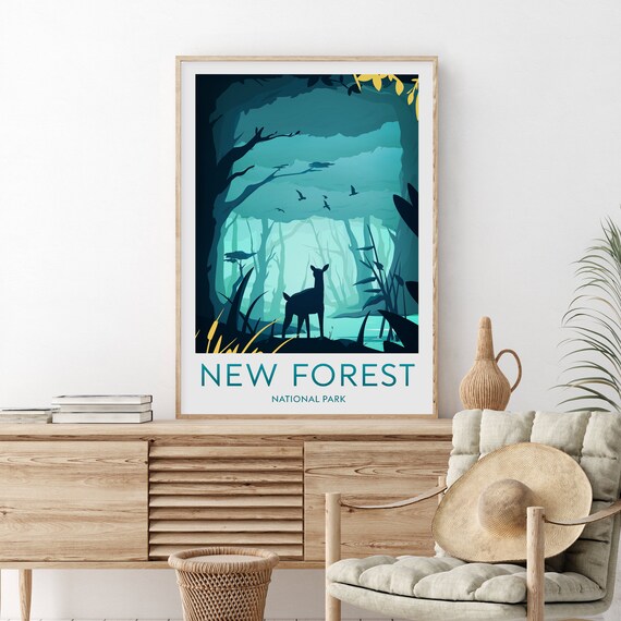 New Forest National Park Deer Misty Woodland England Travel Poster