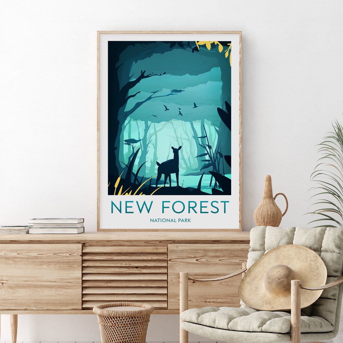 New Forest National Park Deer Misty Woodland England Travel Poster