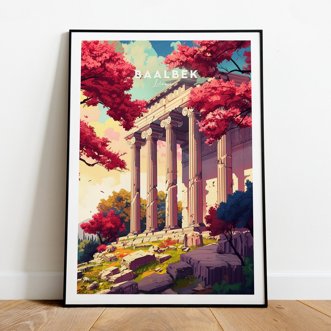 Baalbek Lebanon Ancient Roman Columns in Spring Blossom Poster