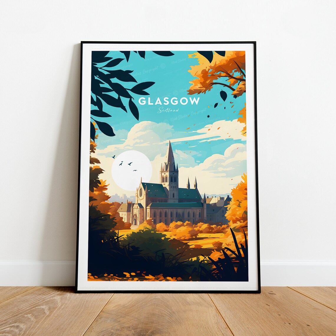 Glasgow Scotland Cathedral Autumn Trees Traditional City Poster